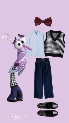 a purple background with clothes and shoes on it, including an antman's head