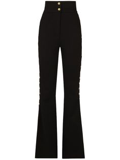 black stretch-wool decorative button detailing gold-tone buttons high-waisted bootcut concealed fly and button fastening straight hem extra-long length Luxury Tailored Black Bottoms, Luxury High-waisted Black Pants, Luxury Black High-waisted Pants, Black Designer Luxury Pants, Tailored Black Luxury Pants, Bootcut Dress Pants, Long Trousers, Dolce E Gabbana, Formal Outfit