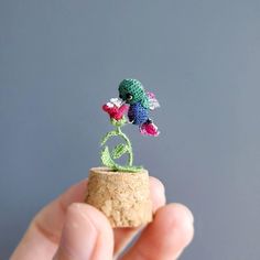 a tiny crocheted flower sitting on top of a small cracker in someone's hand