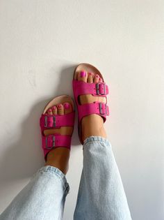 A Handmade pair of Slide Sandals for women in Fuchsia  Color that is made from 100% full grain leather and an anatomic type of sole that is made from Compressed Corc. The feet slides into the strpas and with my new soft cork sole, that gives extra style and comfort to your everyday steps. Find them at Christina Christi Store. 👉 My Sandals Collection: https://etsy.me/2FQQkCP 👉 Express Shipping: https://etsy.me/3ikUnOM MATERIALS - 100% Greek Leather in  Summer colors - 100% Handmade Sandals - Al Pink Sandals With Textured Footbed For Beach, Pink Textured Sandals For The Beach, Pink Slide Flip Flops With Textured Footbed, Pink Flat Sandals With Textured Footbed, Pink Flat Slides With Textured Footbed, Pink Open Toe Footbed Sandals, Pink Slide Sandals With Cushioned Footbed, Pink Open Toe Footbed Sandals For Vacation, Pink Slide Footbed Sandals With Cushioned Footbed