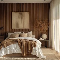 a large bed sitting in a bedroom on top of a wooden floor next to a window