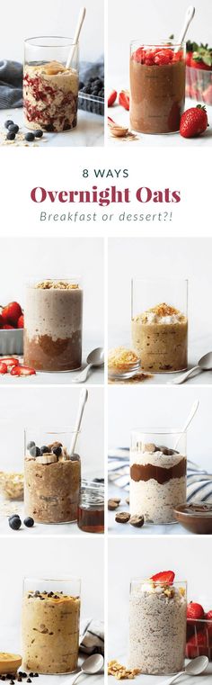 four different types of desserts with strawberries on top