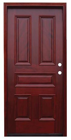 a wooden door with two sidelights on the top and bottom panel, in dark wood