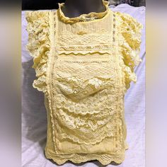 *** Euc Never Worn *** Beautiful Ruffle Lace Top *** Semi Sheer *** Make Me An Offer Yellow Sleeveless Top With Lace Trim, Yellow Lace Trim Sleeveless Top, Sleeveless Lace Tank Top With Ruffles, Summer Sleeveless Lace Top With Ruffles, Yellow Sleeveless Top With Ruffles, Summer Feminine Sleeveless Lace Top, Feminine Sleeveless Lace Top For Summer, Chic Sleeveless Lace Top For Beach, Spring Sleeveless Lace Top With Ruffles