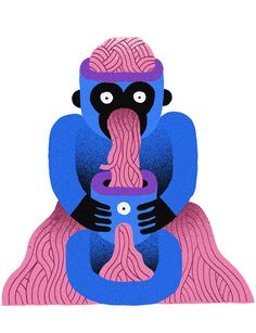 a blue and pink monkey holding a purple object in it's hands with its mouth open