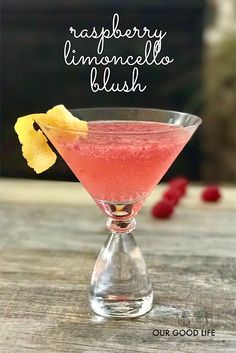 raspberry lemonade blush in a martini glass with the words raspberry lemonade bush above it