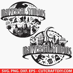 the universal studios logo is shown in black and white