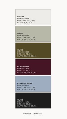 the color scheme for an interior design project, with different colors and numbers on it