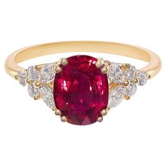 Product Specifications: - 2.20 High quality natural Vivid Red (GRS-type "Pigeon Blood") Oval Cut Heated Ruby at the center - GRS# 2019-093234 (Another ruby will be replaced if it is sold out) - 6 Round Brilliant cut Diamonds, total carat around 0.18ct - 4 Marquise cut Diamonds, total carat around 0.24ct - D-F in color and VS in clarity with Heart and Arrow (Ideal cut) - 18K Yellow Gold Also it can be made of Platinum, 18K, 14K in yellow gold, white gold or rose gold. I use Diamonds that are D-F (colorless) in color and VS with Heart and Arrow (Ideal cut), even in diamond accents. The rarity of D through F graded stones makes them the most desirable and valuable among colorless diamonds. Your jewelry will come in our custom HN Jewelry gift packaging, which includes a ring box, a gift card a Engagement Ring Yellow Gold, Yellow Gold Diamond Engagement Ring, Engagement Ring Yellow, Marquise Diamond Engagement Ring, Contemporary Engagement Rings, Marquise Shape Diamond, Yellow Engagement Rings, Gold Jewelry Stores, Ruby Diamond Rings