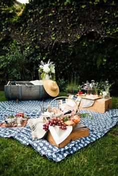 an outdoor picnic is set up on the grass