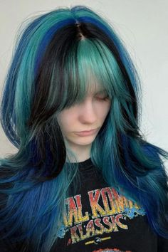 Vivid Teal Blue Hair Brown And Other Color Hair, Blue And Purple Hair With Blonde, Purple Hair Combinations, Fashion Color Ideas Hair, Blue Hair On Short Hair, Cool Tone Fashion Color Hair, 2 Toned Blue Hair, All Over Blue Hair Color, Purple Blue And Blonde Hair