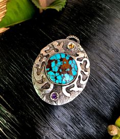 "Artisan Prince Turquoise Pendant Necklace Hand-made Sterling Silver 925 Stones used: Prince Turquoise, Amethyst, Citrine Height - 1 7/8\" (with bail), Width - 1 7/16\" Height -48mm (with bail), Width - 35mm Unique Handcrafted One-of a-kind Design Each Piece of Jewelry in my Collection is Absolutely One of a Kind! When you start wearing a piece of my jewelry you will fall in love with it more and more each day and feel that good Energy and Love that I pass into it while creating this piece of Ar Turquoise Pendant Necklace, Necklace Unique, Good Energy, Oxidized Silver, Turquoise Pendant, Unique Necklaces, My Collection, Gift For Women, Silver 925