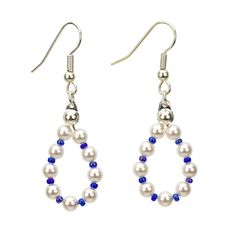 pair of white pearls and blue beads on silver ear wires with dangling hooks for earrings