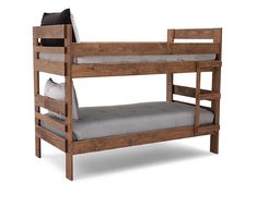 the bunk bed is made from wood and has two mattresses on each side,