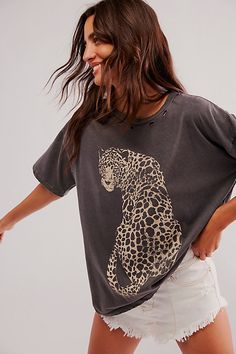 Effortlessly cool and essential, this classic tee is featured in a soft cotton fabrication and oversized fit with leopard graphic at the front and distressed detailing. **Fit:** Slouchy, oversized fit **Features:** Soft cotton fabrication, scoop-neckline, leopard graphic at front, distressed detail throughout, drop-shoulder sleeves **Why We ❤ It:** This timeless tee is sure to become a go-to in any wardrobe. | Leopard Tee by Promesa at Free People in Grey, Size: S Oversize Tshirt Outfits, Leopard Graphic, Graphic Tee Style, Retro Graphic Tees, Simple Trendy Outfits, Tshirt Outfits, Boho Clothing, Fashion Tees, Boho Outfits