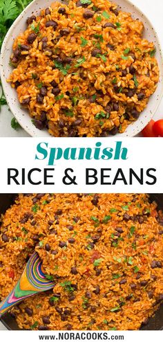 spanish rice and beans in a skillet with the words spanish rice and beans above it