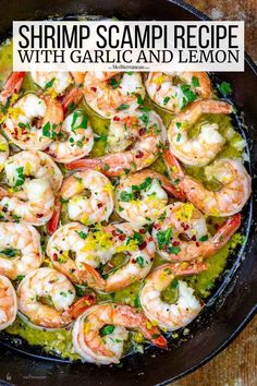 shrimp with garlic and lemon in a skillet on top of a wooden table text reads shrimp scamp recipe with garlic and lemon