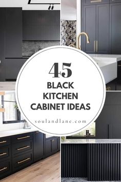 black kitchen cabinets with gold handles and brass knobs in the bottom right hand corner