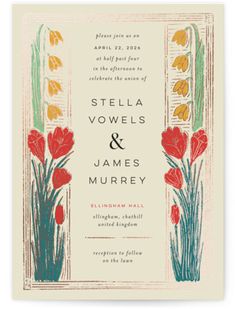 a wedding card with red and yellow flowers on the front, in an art deco style