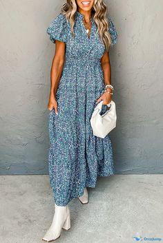 OrcaJump - Elegant Short Sleeve Blue Printed Maxi Dress with V Neckline Southern Belle Style, Curvy Silhouette, Puff Sleeve Maxi Dress, High Waist Maxi Dress, Purple Quotes, Short Puff Sleeve, Planet Blue, Sleeve Maxi Dress, Puffy Sleeves