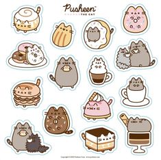 various stickers with cats and cakes on them