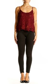 Brand: ASTR Material: Lace, Polyester Condition: Excellent Size: XS Category: Tops Tank Tops Measurements: Bust 30", Hips 32", Length 22", Waist 32" Lace Camisole Top, Burgundy Lace, Top Handbags, Red Embroidery, Top Backpacks, Lace Camisole, Scalloped Hem, Eileen Fisher, Knit Pants