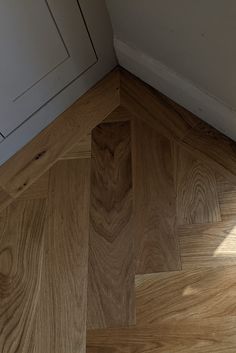 the corner of a room with wood flooring and white door in the back ground