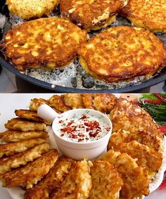 there are several different types of food on this plate and in the middle one is fried