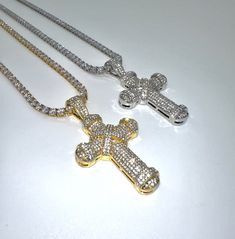 "18\", 20\", 24\" Inch Chains Available  DEFAULT LENGTH IS 20\" / PLEASE LET ME KNOW IF YOU WANT DIFFERENT SIZE OR ELSE I WILL SEND DEFAULT This is a luxurious piece put together with Gold and CZ Diamonds. We strive to offer the most exquisite, trending, hiphop pieces at the best prices in the game so don't hesitate when adding multiple items to your cart. Perfect to pair with any Watch, Chain, Ring or Bracelet from our store^^ Finish: 14k Gold/White Gold Plated Size:" Gold Iced Out Cross Pendant Necklace, White Iced Out Cross Necklaces, White Iced Out Cross Necklace, Wax Molds, Watch Chain, Hip Hop Jewelry, Cz Diamond, Plate Size, Chain Ring