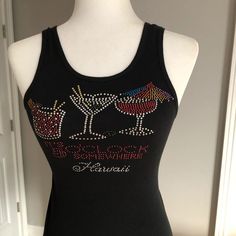 It’s 5 O’clock Somewhere Fun Tank. Black & Glitter. Nwot Fitted Glitter Print Tops For Summer, Summer Night Out Tops With Bling, Fitted Bling Tops For Night Out, Summer Black Tops With Rhinestones, Fitted Sparkling Black Tops, Black Glitter Stretch Top, Black Glitter Print Party Top, Black Stretch Top With Glitter, Black Glitter Tops For Party Season