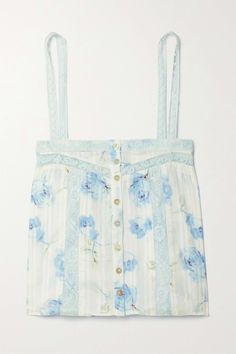 LoveShackFancy's 'Matri' tank is designed to be worn with the matching 'Tanisha' skirt but will work just as well with jeans or tailoring. Made from lightweight cotton-voile, it's cut for a slightly loose fit and has lace trims that match the pretty blue flowers. Pretty Blue Flowers, Apron Top, River Blue, Crochet Lace Trim, Lace Button, Lace Trims, Cotton Voile, The Pretty, Fancy Dresses