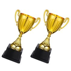 two golden trophy cups on black bases