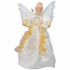 a white angel figurine with yellow wings and gold trimmings on it's body