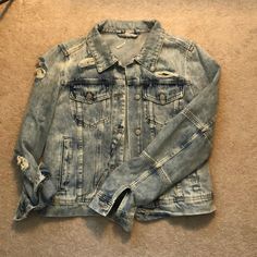 Distressed. Worn Maybe Once. Like New Condition Edgy Distressed Medium Wash Denim Jacket, Vintage Distressed Medium Wash Denim Jacket, Free People Jean Jacket, Free People Rumors Denim Jacket, Faded Long-sleeve Pre-washed Denim Jacket, Free People Jacket, Jean Jacket, Like New, Free People