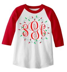 Christmas Lights Monogram - Red/White Raglan | Southern Grace Creations Colorful Christmas Lights, Southern Grace, Colorful Christmas, Favorite Bible Verses, Holiday Shirts, Christmas Lights, Christmas Sweaters, Red White, Promotion