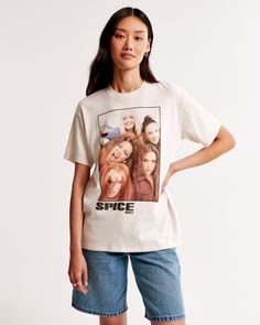 On-trend short-sleeve tee in an oversized-fit silhouette and our softAF fabric, featuring Spice Girls-inspired graphic detail at chest and back, crew neckline and straight hem. Iconic Girl, Dad Vibes, Female Features, Oversized Graphic Tee, Girls Graphic Tee, Girls Tees, T Shirt Oversized, Spice Girls, Girl Bands