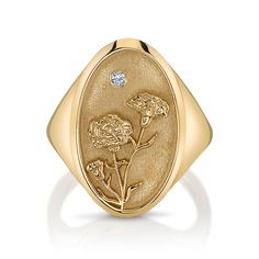 DESCRIPTION The January Birth Flower Signet Ring features a carnation, one of the few flowers to bloom in cool weather. Shaped like a vintage saint charm with a detailed relief carving and sparkling diamond, this statement ring is handmade with love in Los Angeles. Show love to your favorite January baby (or yourself!) with this perfect addition to your everyday collection. Note that this piece is handmade to order. Please allow for a 3-4 week lead time as we craft this special ring. Due to the May Birth Flower, January Birth Flower, May Birth Flowers, January Birth Flowers, January Baby, Mother Daughter Bracelets, Relief Carving, Diamond Signet Ring, Organic Cleaning Products