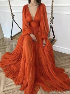 Green Dress Formal, Orange Evening Dresses, Red Green Dress, Beauty Pageant Dresses, True Autumn, Chiffon Ruffle Dress, Orange Chiffon, 파티 드레스, Evening Party Gowns