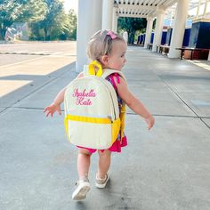 Our Personalized Baby Backpacks are adorable! These Monogrammed Seersucker Backpacks are small, lightweight, and perfect for toddlers. They also make great preschool backpacks, with side pockets for drinks and an exterior zipper pocket. Each of our personalized backpacks can be customized to create a truly one-of-a-kind personalized baby gift. We professionally monogram each backpack in our shop in East Tennessee, with over 60,000 monograms of experience. Our monogrammed backpacks will make the sweetest personalized baby gifts! At Pink Ever After, we have a passion for monograms, personalized gifts, jewelry, & missions.  We know you'll find the perfect personalized gift here! DETAILS {Please note, this is our smallest backpack. You can find the larger backpack here: https://etsy.me/2w43ZFZ Cute White Backpack For Playtime, White Back To School Bag, Preppy White School Backpack, White Preppy School Backpack, White Preppy Backpack, White Backpack For Daycare, White Standard Backpack For Daycare, White Standard Backpack For School Events, Preppy Personalized Backpack For Back To School