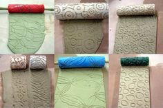 four different types of wall coverings with rolled up rolls on top of one another