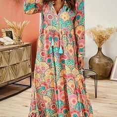 Mandala Floral Print Dress, Boho Drawstring Long Sleeve Maxi Dress, Women's Clothing Bohemian Dress With Drawstring, Bohemian Spring Maxi Dress With Drawstring, Spring Bohemian Maxi Dress With Drawstring, Bohemian Maxi Dress With Drawstring For Spring, Bohemian V-neck Dress With Drawstring, Bohemian Drawstring Dress For Vacation, Multicolor Drawstring Dress For Vacation, Bohemian Vacation Dress With Drawstring, Multicolor Long Sleeve Boho Dress For Vacation