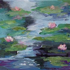 a painting of water lilies in a pond