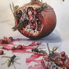 a painting of some fruit with bees on it and blood running down the floor next to them