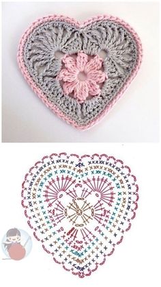 two crocheted hearts are shown with the same pattern on each side and one has a flower in the middle