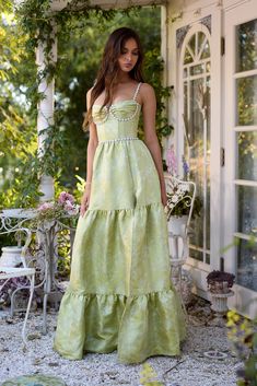 Introducing The Lucetta Dress! She's a dreamy corset gown featuring beautifully gathered cups, pearl and crystal beaded trim, and gathered skirt tiers. She flaunts a side-front slit, invisible zipper, and side-pockets! She's made from our Chartreuse Windsor Brocade, which features chartreuse florals on a chartreuse background. She's elegant, sophisticated, and a timeless treasure. If you are in between sizes, we recommend sizing up in this dress. Gayeanne is 5'9 and is wearing a size 00. Please Chartreuse Background, Corset Gown, Elegant Sophisticated, Beaded Trim, Gathered Skirt, Timeless Treasures, Bridal Shop, Wedding Bridesmaids, Invisible Zipper