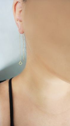 14K 9K Gold Rhombus Threader Earrings, Solid Gold Minimalist Earrings, Dainty Rhombus Threaders, Long Chain Earrings, Geometric gold earrings, Gift for her, FREE EXPRESS SHIPPING Dainty and minimalist 14K or 9K Solid gold threader earrings with a small small rhombus/diamond shape. A lovely, versatile pair of earrings/earring that you will love wearing all day, everyday! Whisper...Minimalism at its finest! :) ------------------------------------------------- D E T A I L S 14K Solid Gold or 9K Sol Minimalist Diamond-shaped Everyday Jewelry, Minimalist Everyday Diamond-shaped Jewelry, Everyday Minimalist Diamond-shaped Jewelry, Minimalist Diamond-shaped Earrings For Gift, 14k Gold Diamond-shaped Earrings, Minimalist Geometric Jewelry In 14k Gold, Minimalist 14k Gold Geometric Jewelry, Minimalist Geometric 14k Gold Jewelry, Minimalist Geometric Pierced Jewelry