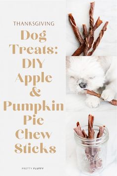 thanksgiving treats diy apple and pumpkin pie chew sticks in a glass jar with the words,