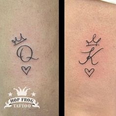 two different tattoos on the arms and legs, one has a crown and another has a heart