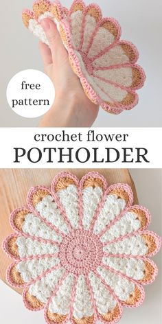 the crochet flower potholder is shown with text overlay