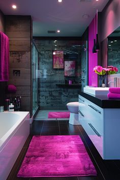 a bathroom with pink rugs and purple lighting